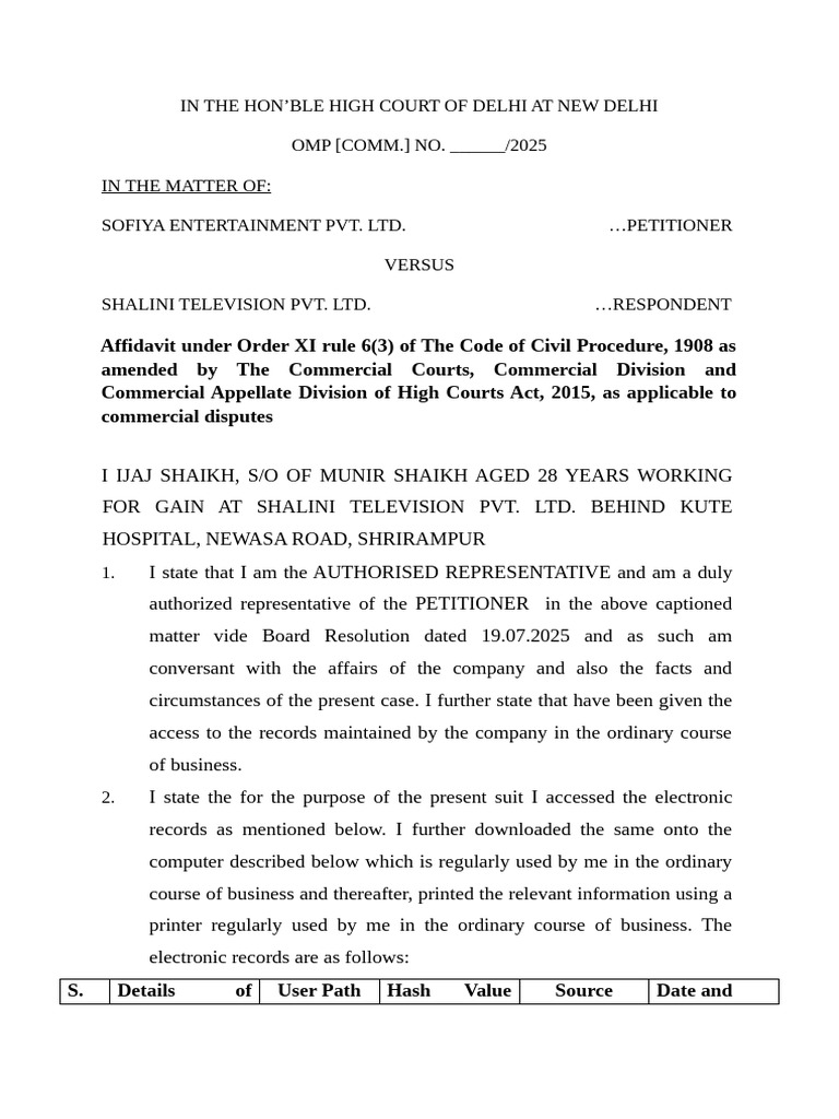 Affidavit Under Order XI Rule 6 (3), CPC As Amended by Commercial ...