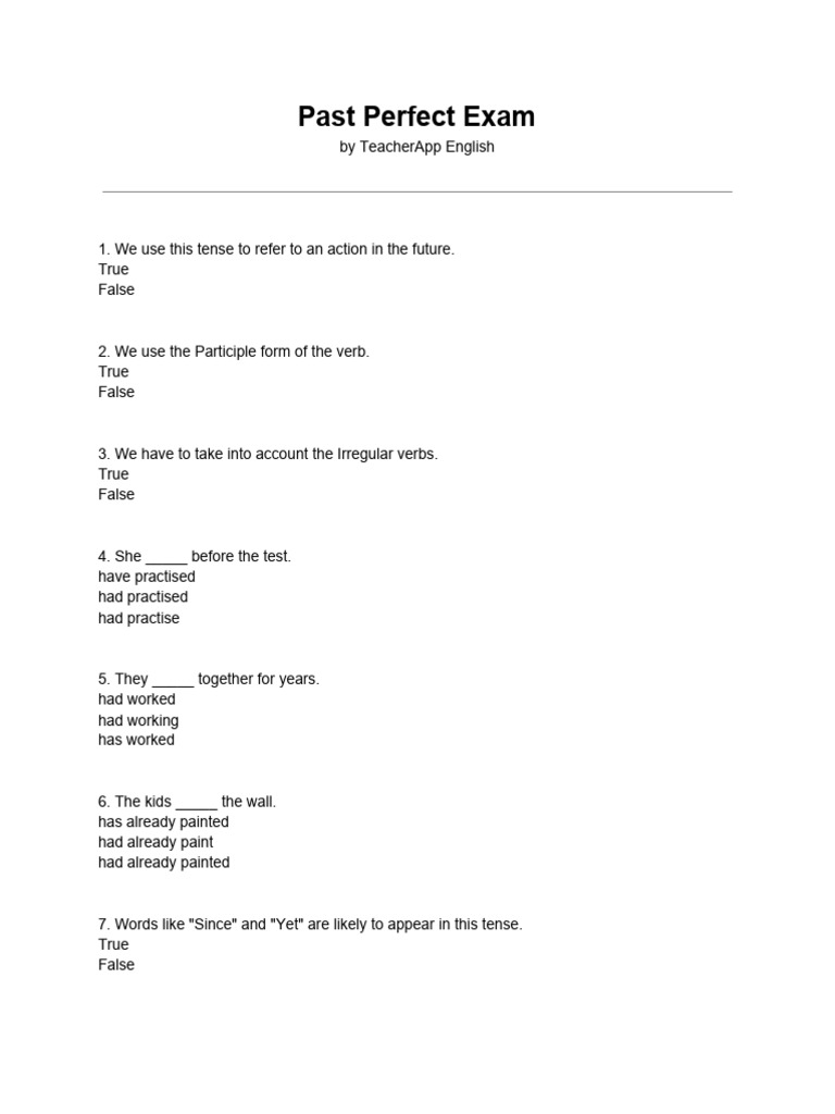 Past Perfect Tense Exam Questions | PDF