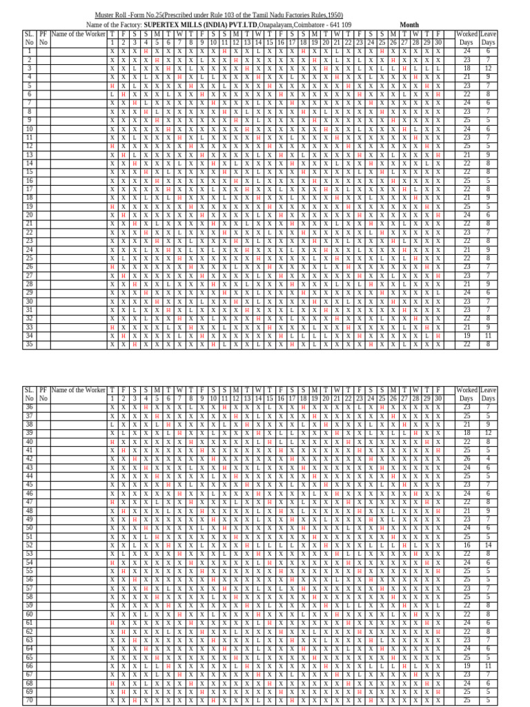 Monthly Muster Roll for Workers | PDF
