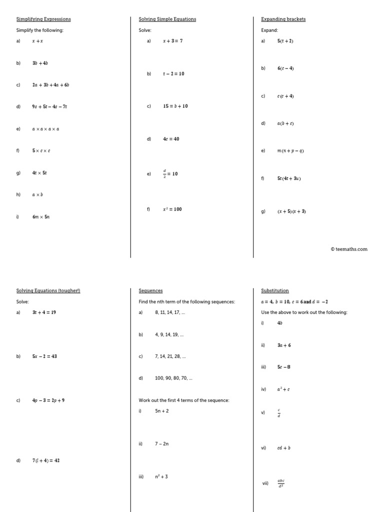 GCSE Maths Foundation Algebra Revision Worksheet PDF Equations 