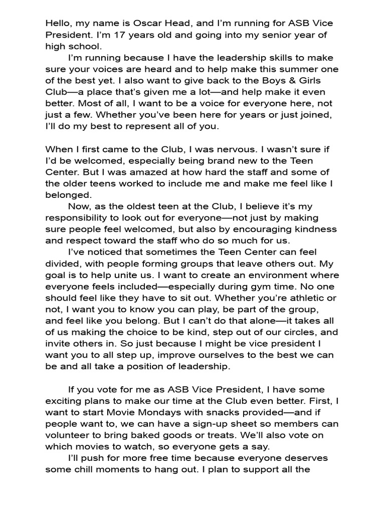 Oscar's ASB Vice President Speech | PDF