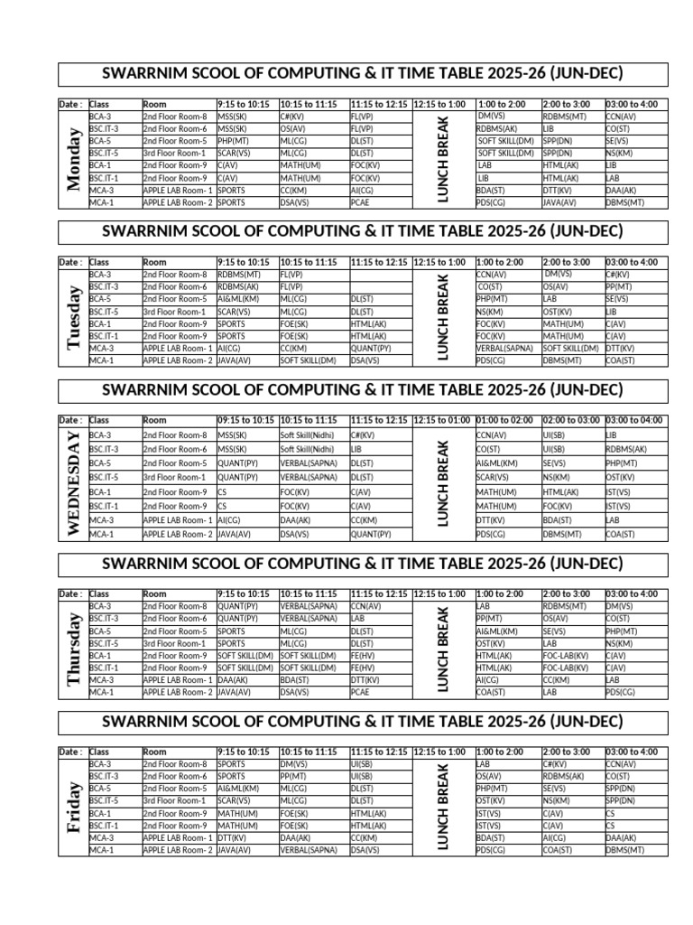 Swarrnim School Computing Timetable 2025 | PDF | Computer Programming ...