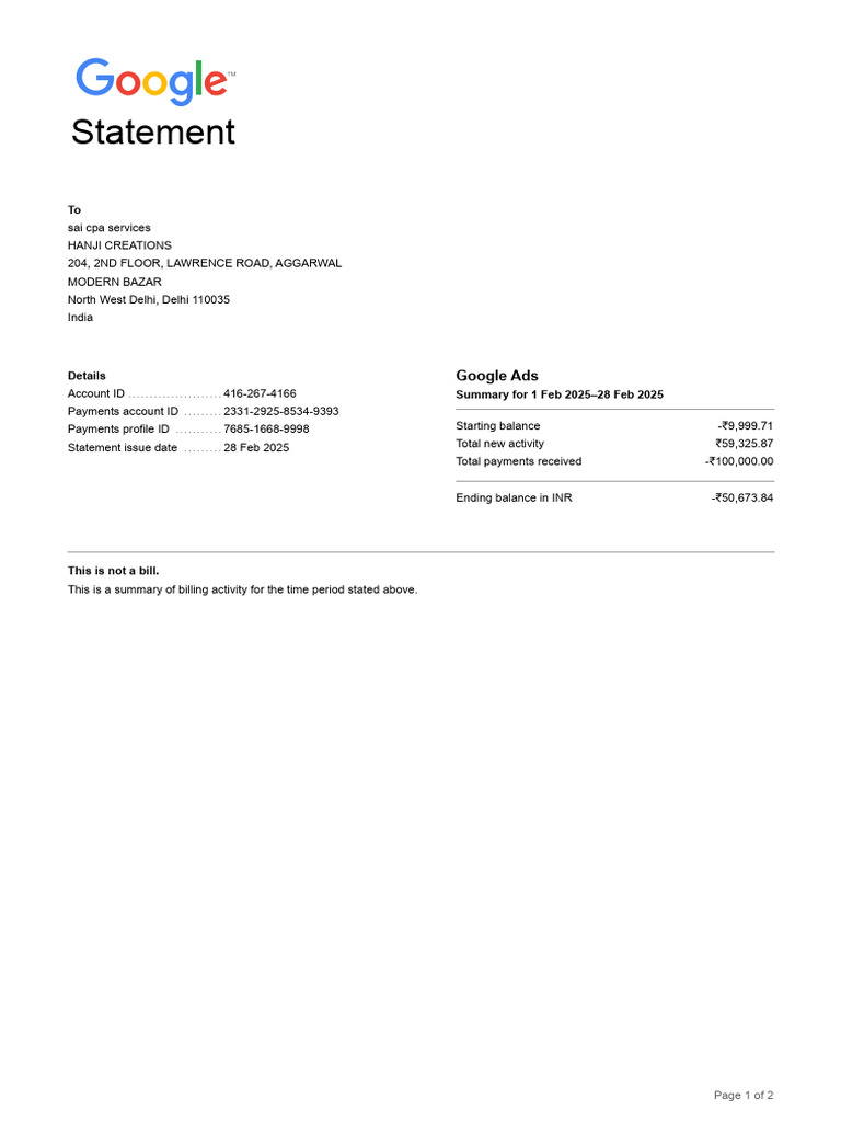 Statement: Google Ads | PDF | Payments