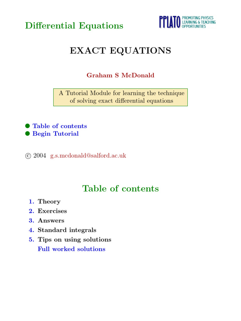 Exact Differential Equations Tutorial | PDF | Mathematical Objects ...