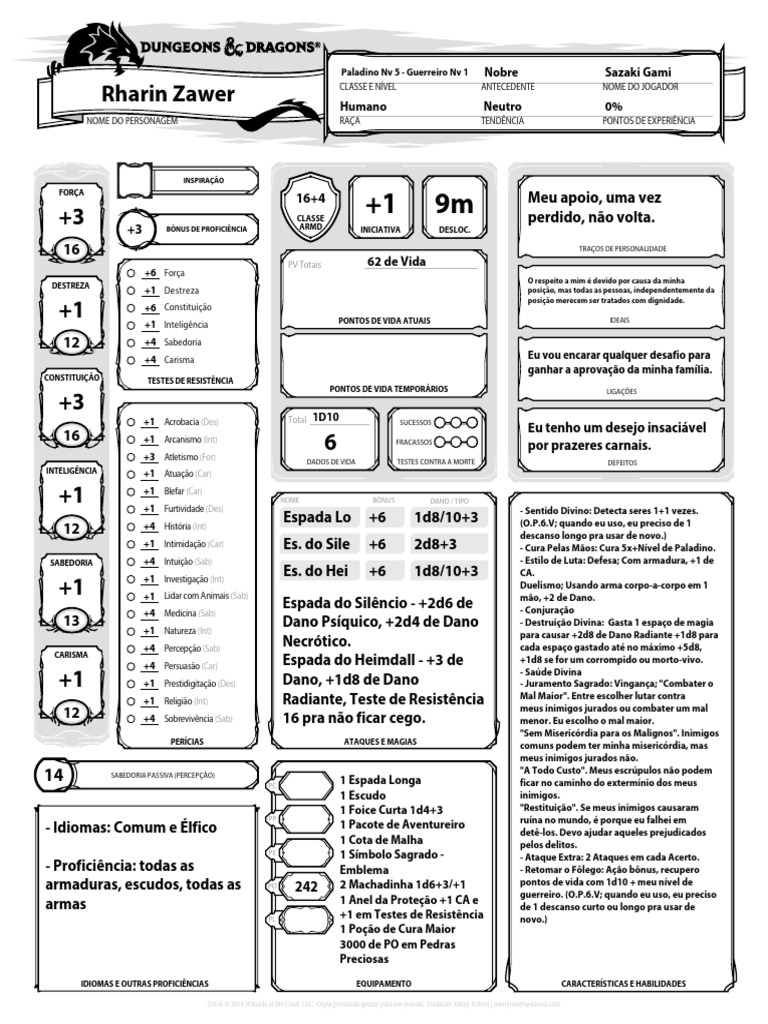 D&D 5E - Ficha de Personagem - Rharin Zawer | PDF