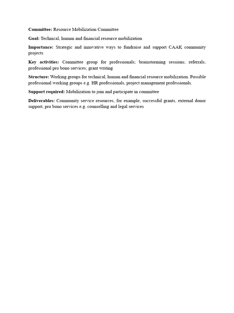 Resource Mobilization Committee Goals | PDF