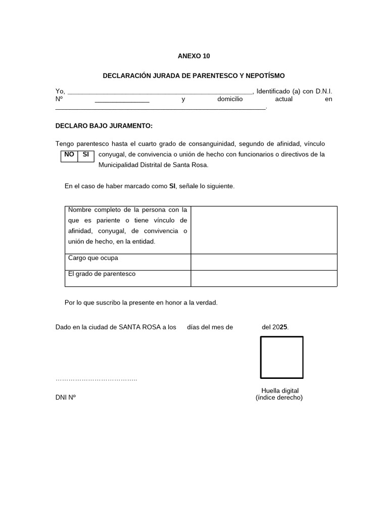 Declaración Jurada de Parentesco | PDF