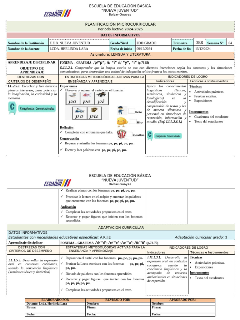 Planificación Microcurricular 2° Grado 2024-2025 | PDF | Aprendizaje ...