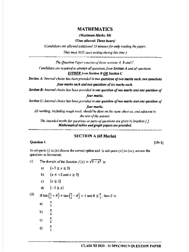 Class XI Mathematics Specimen Paper | PDF | Differential Geometry ...