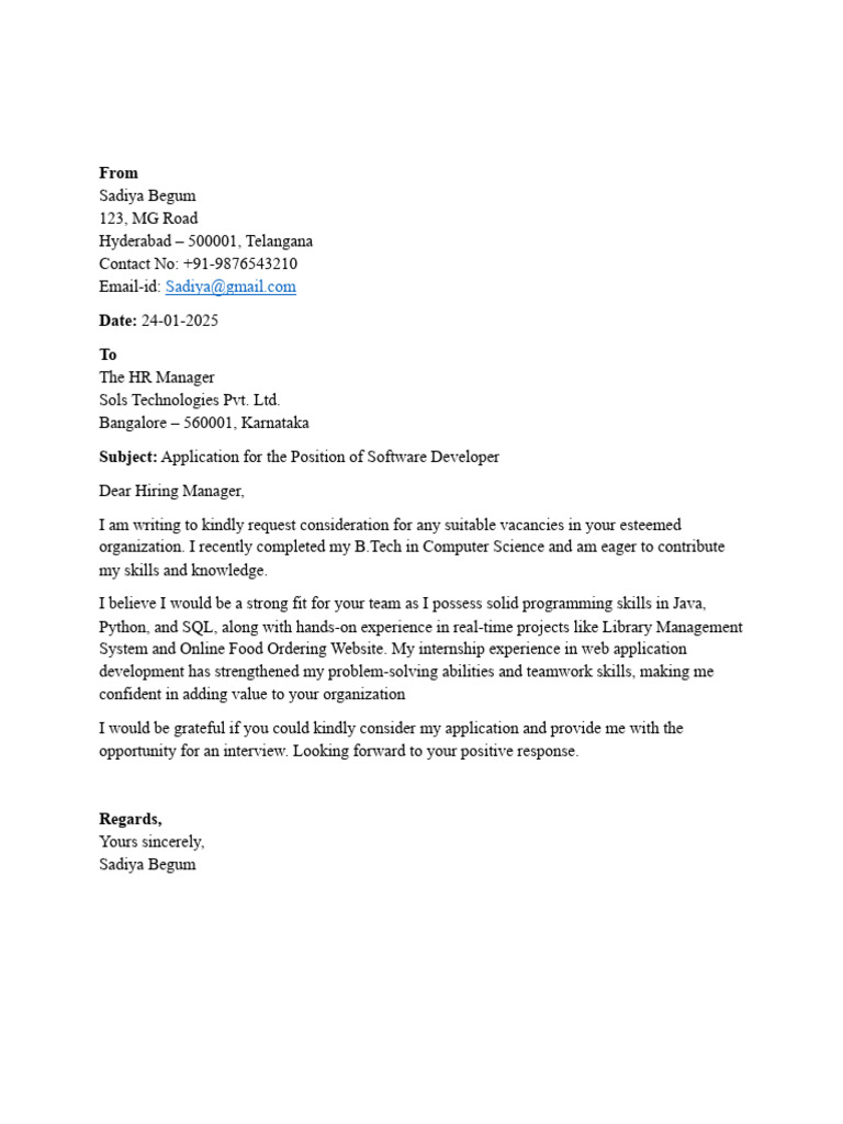 Software Developer Application Letter | PDF