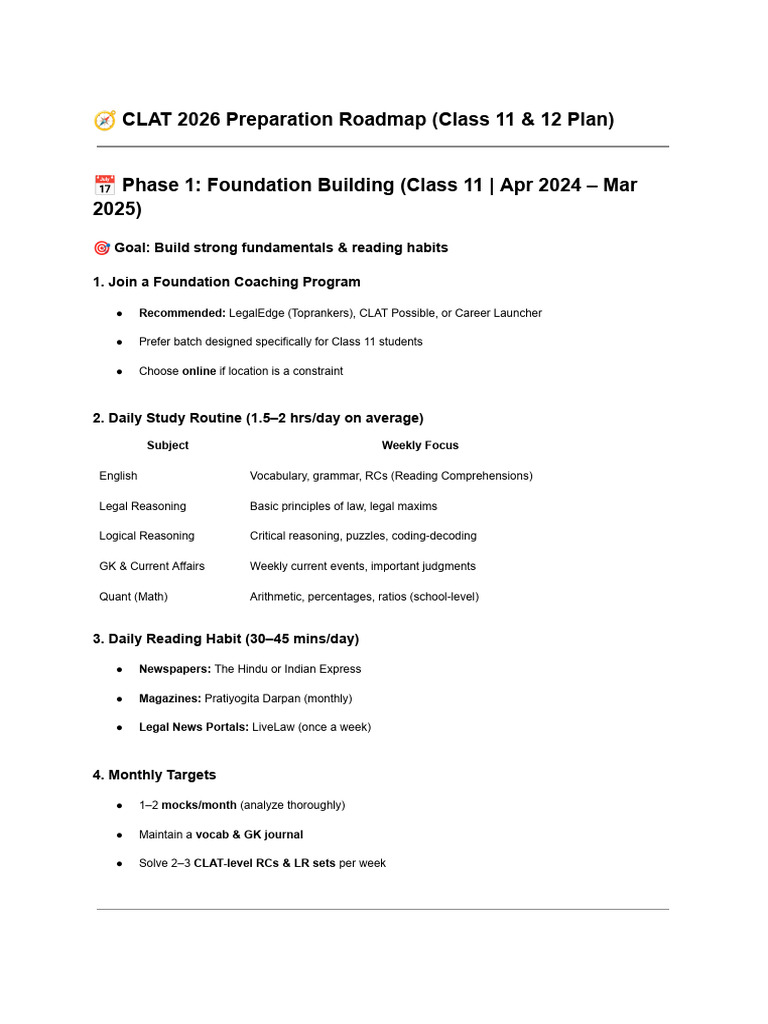 ? CLAT 2026 Preparation Roadmap (Class 11 & 12 Plan) | PDF | Cognition