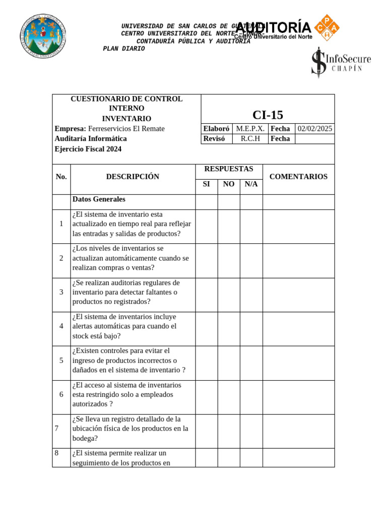 Cuestionario de Control Interno 2024 | PDF | Auditoría | Tarjeta de débito