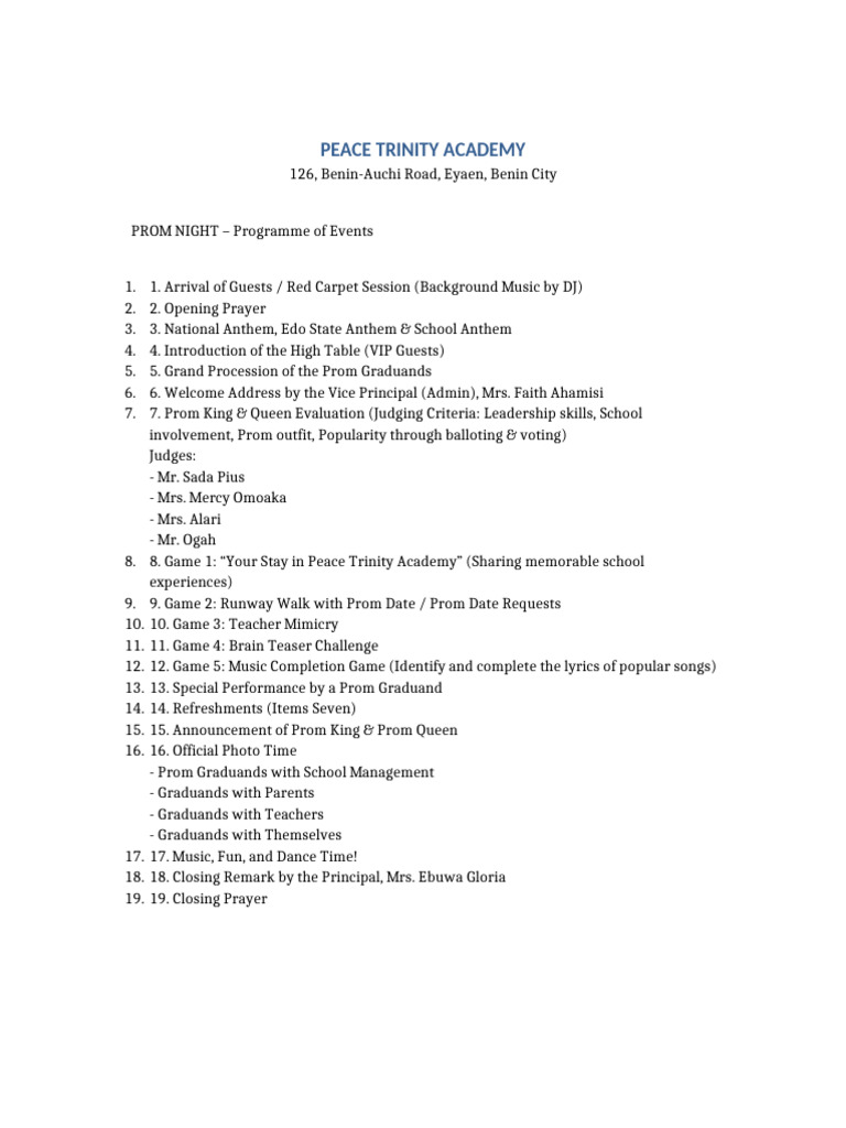 Prom Night Agenda at Peace Trinity Academy | PDF
