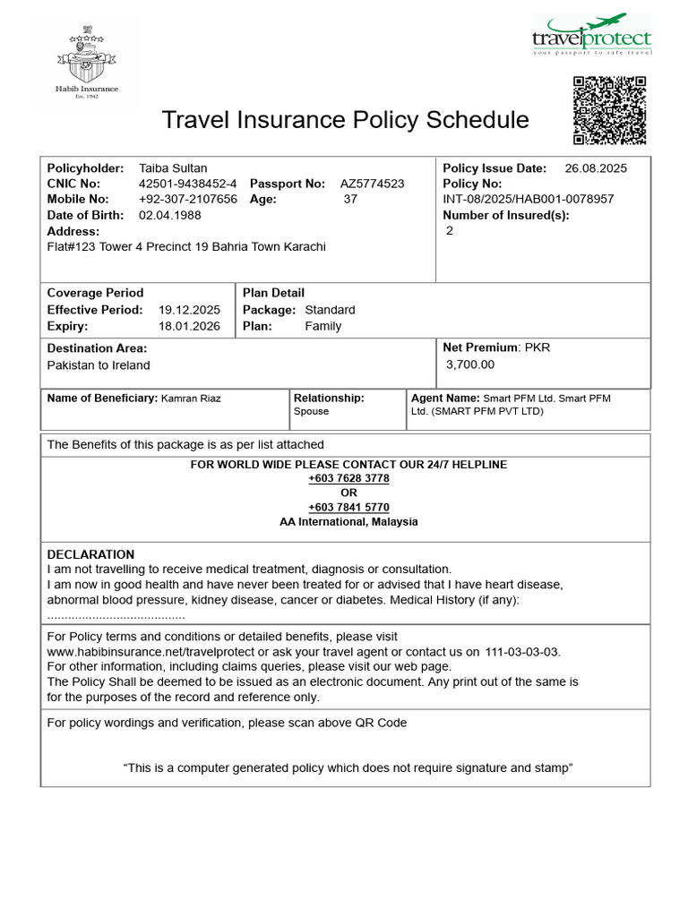 Travel Insurance Policy Schedule Details | PDF | Insurance | United ...