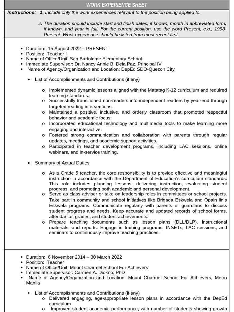 Teacher Work Experience Summary | PDF | Teachers | Curriculum