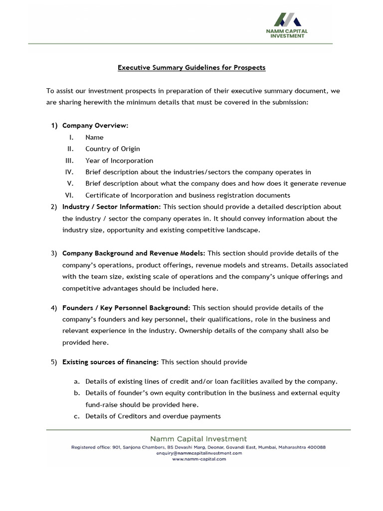 Executive Summary Guidelines for Namm Capital | PDF | Equity (Finance ...