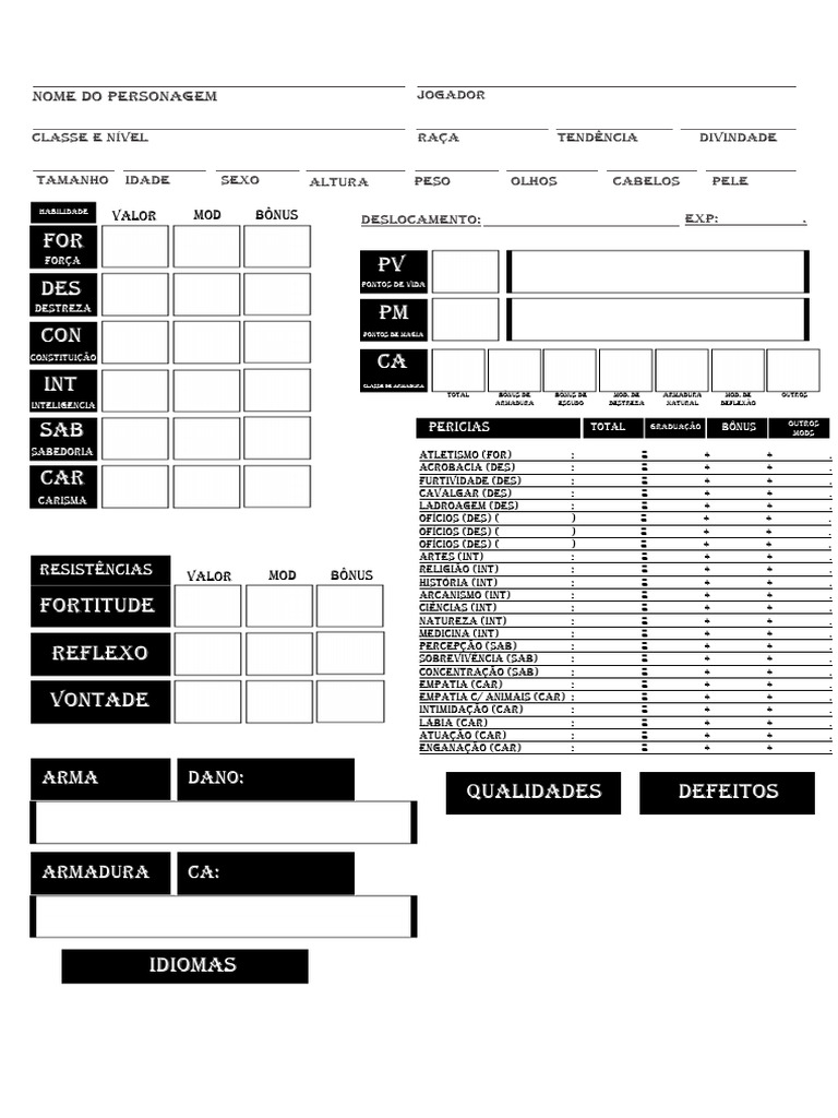 Ficha Épica de Personagem RPG | PDF | Jogos eletrônicos | Videogames de RPG
