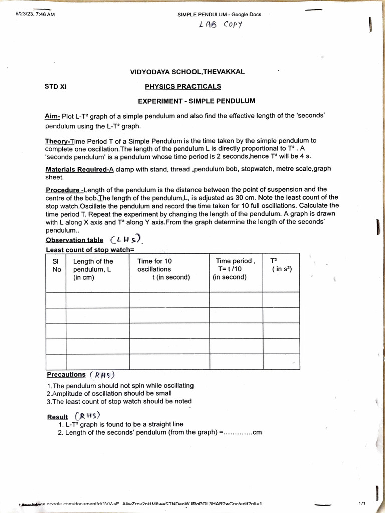 Simple Pendulum Phy Pract | PDF