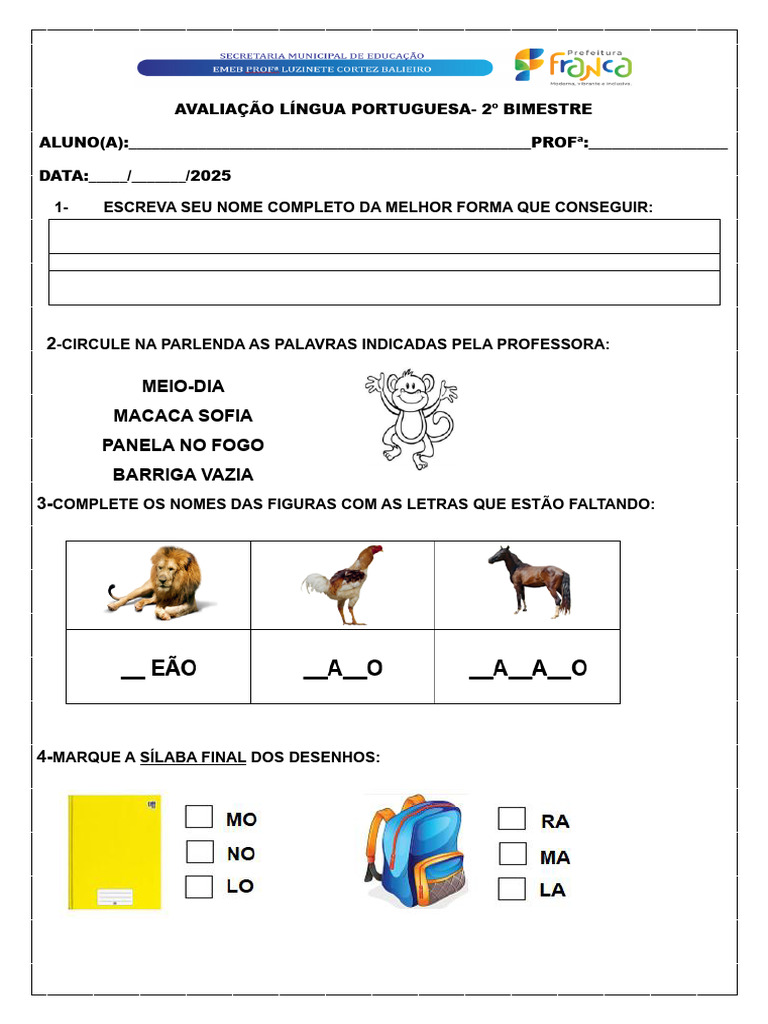 Avaliação de Língua Portuguesa 2º Bimestre | PDF