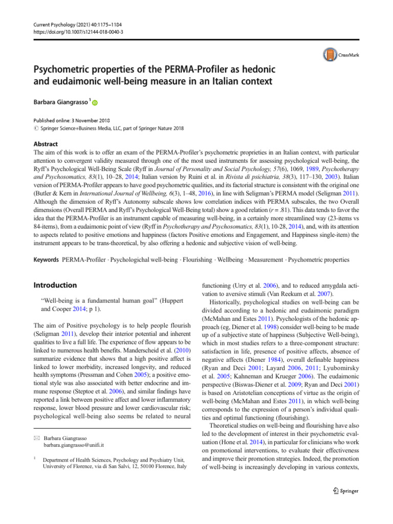 PERMA-Profiler Psychometrics in Italy | PDF | Well Being | Happiness