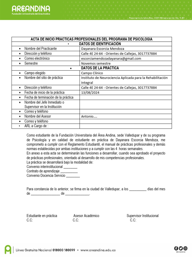 Acta de Inicio de Prácticas en Psicología | PDF
