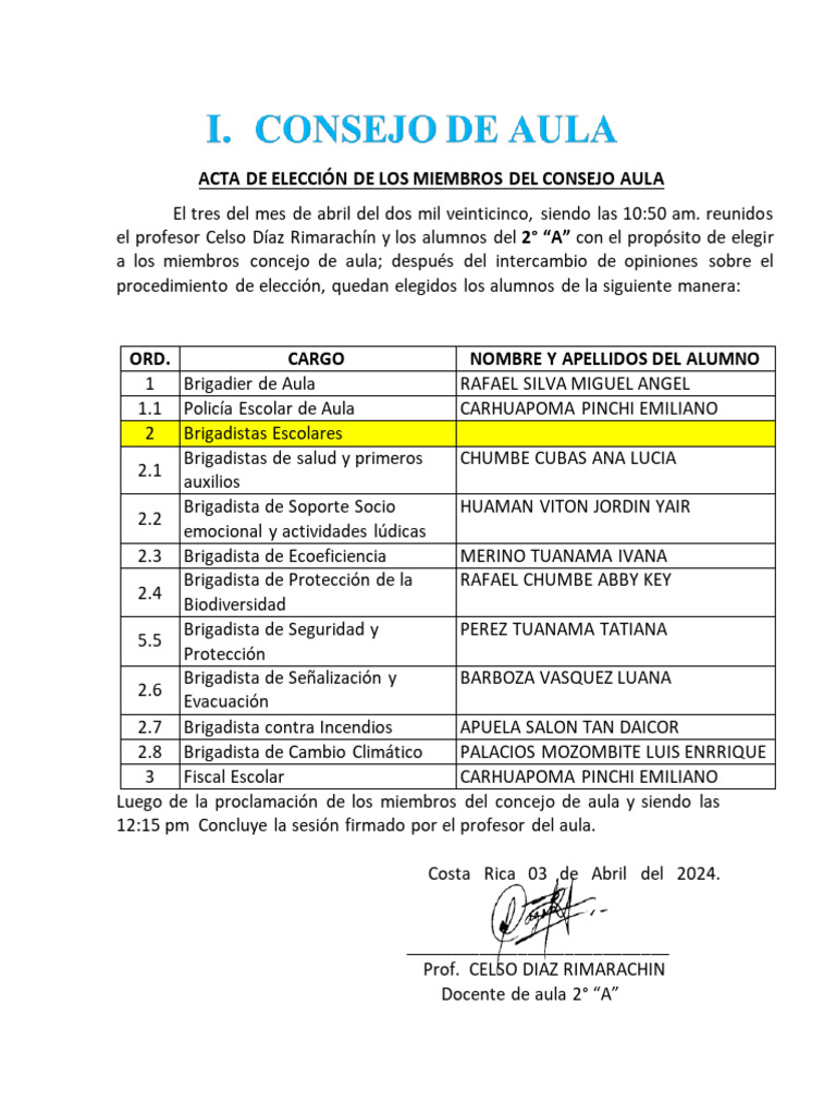 Acta de Elección de Los Miembros Del Consejo Aula | PDF