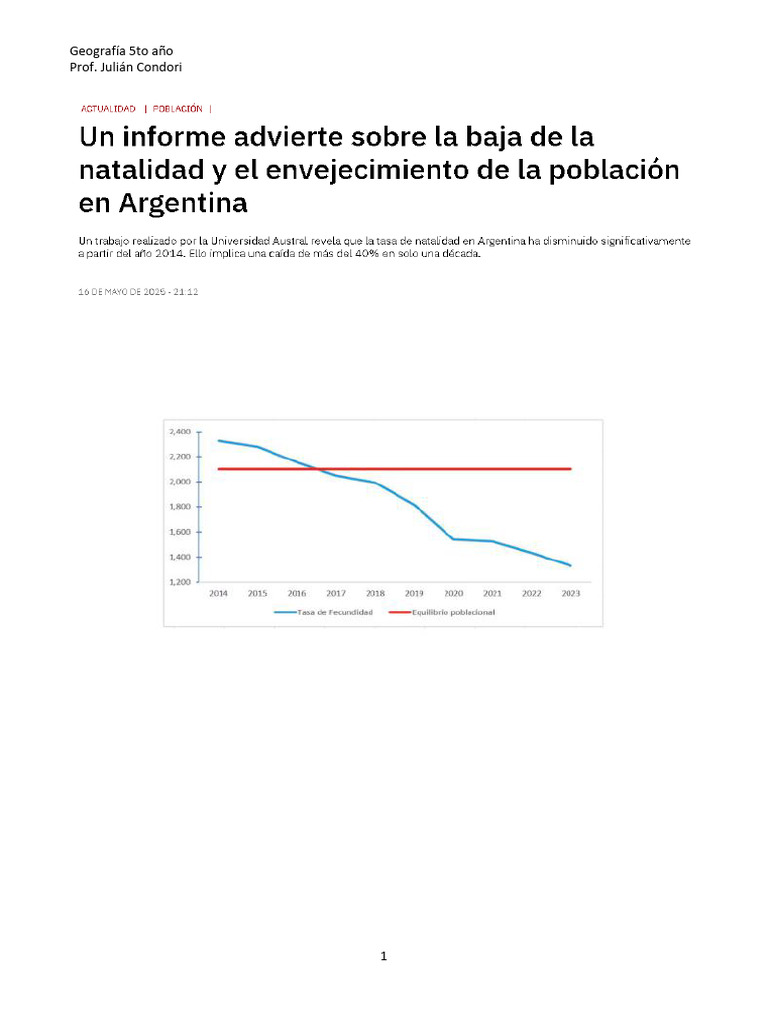 Baja de La Natalidad y El Envejecimiento de La Población en Argentina ...