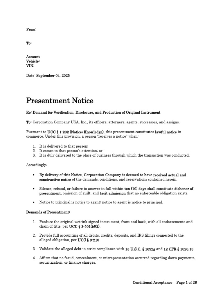 Conditional Acceptance and Debt Verification Notice | PDF | Title 18 Of ...