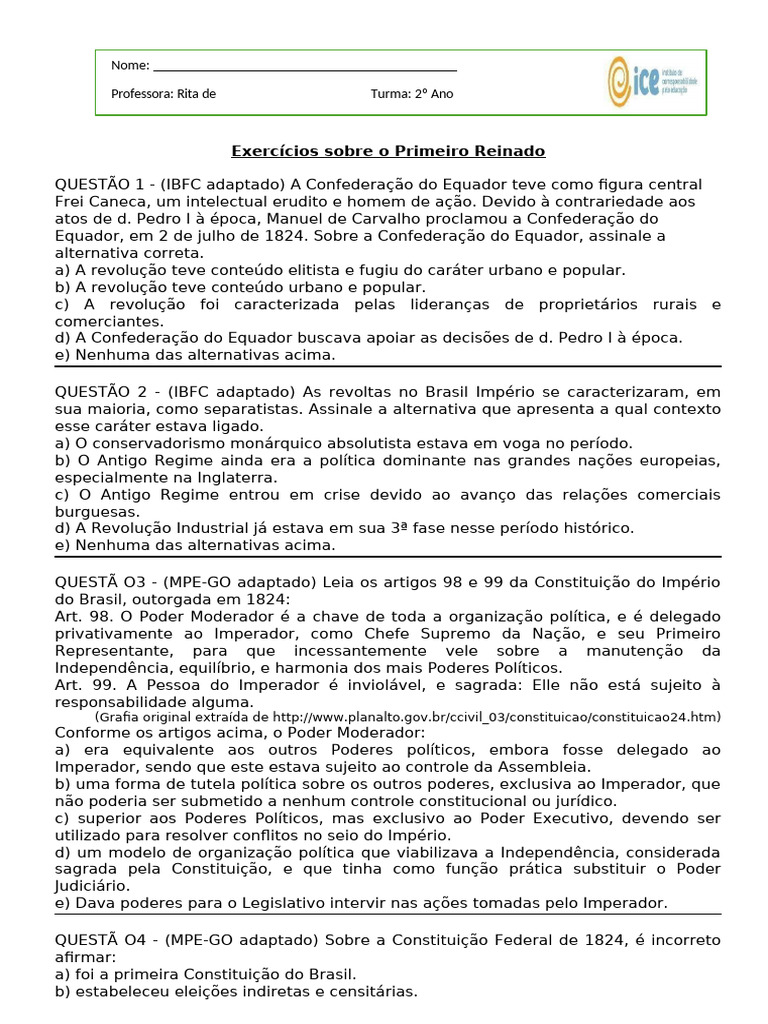 Exercícios sobre o Primeiro Reinado | PDF | Brasil