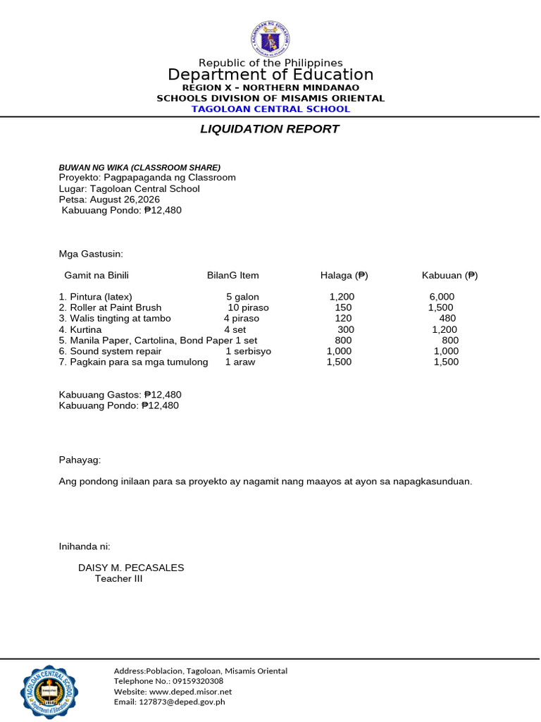 Tagoloan Central School Liquidation Report | PDF