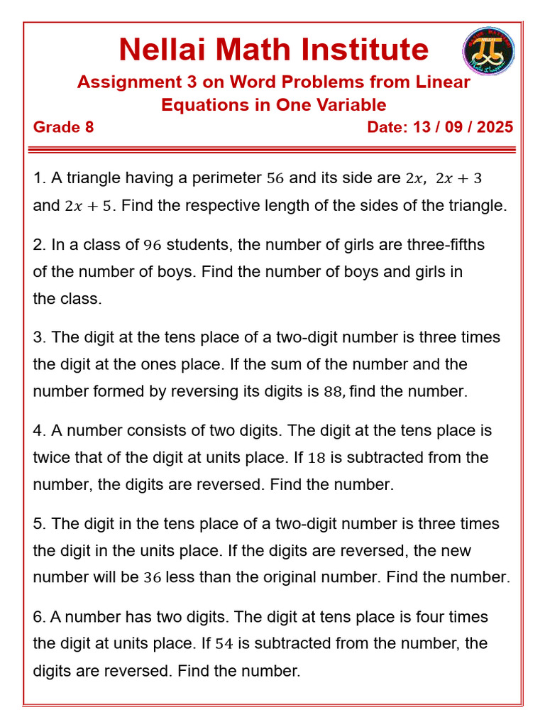 Grade 8 Linear Equations Word Problems | PDF