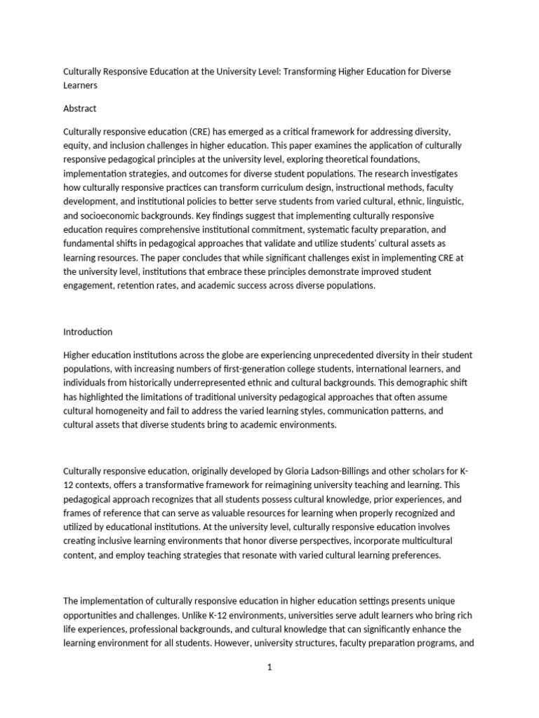 Culturally Responsive Education in Universities | PDF | Pedagogy | Learning
