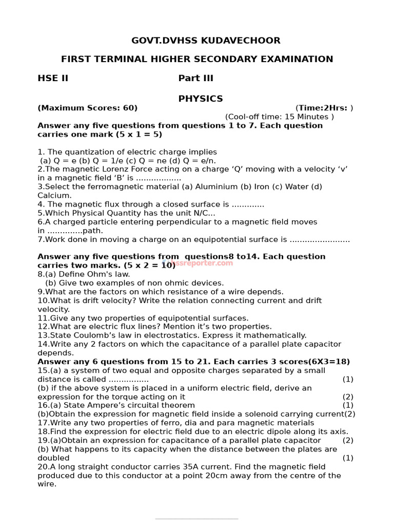 Hssreporter - Com - First Terminal Exam-2023 - Plus Two Physics QP-3 ...