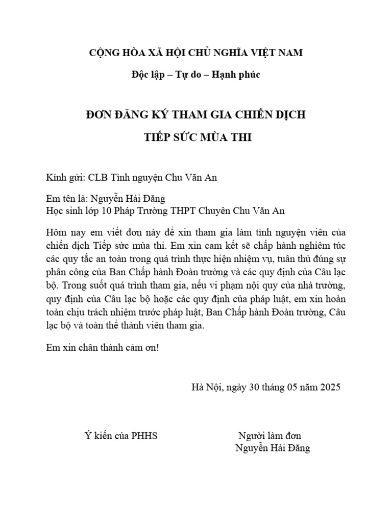 (Tnh 25) Đơn Đăng Ký Tham Gia Tiếp Sức Mùa Thi | PDF