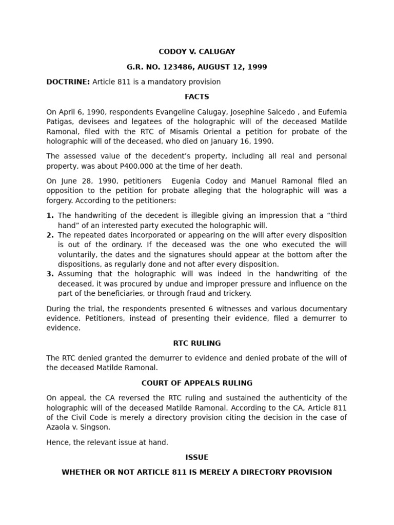 Codoy v. Calugay: Holographic Will Dispute | PDF | Will And Testament ...