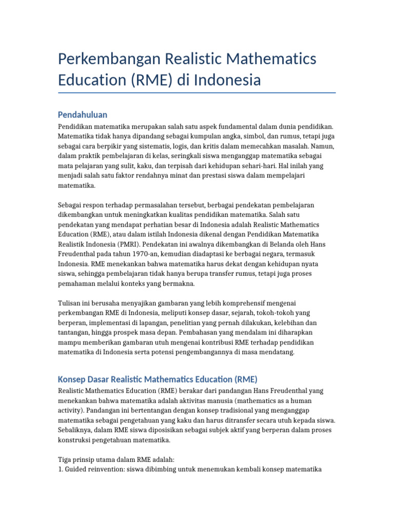 Perkembangan RME dalam Pendidikan Matematika | PDF
