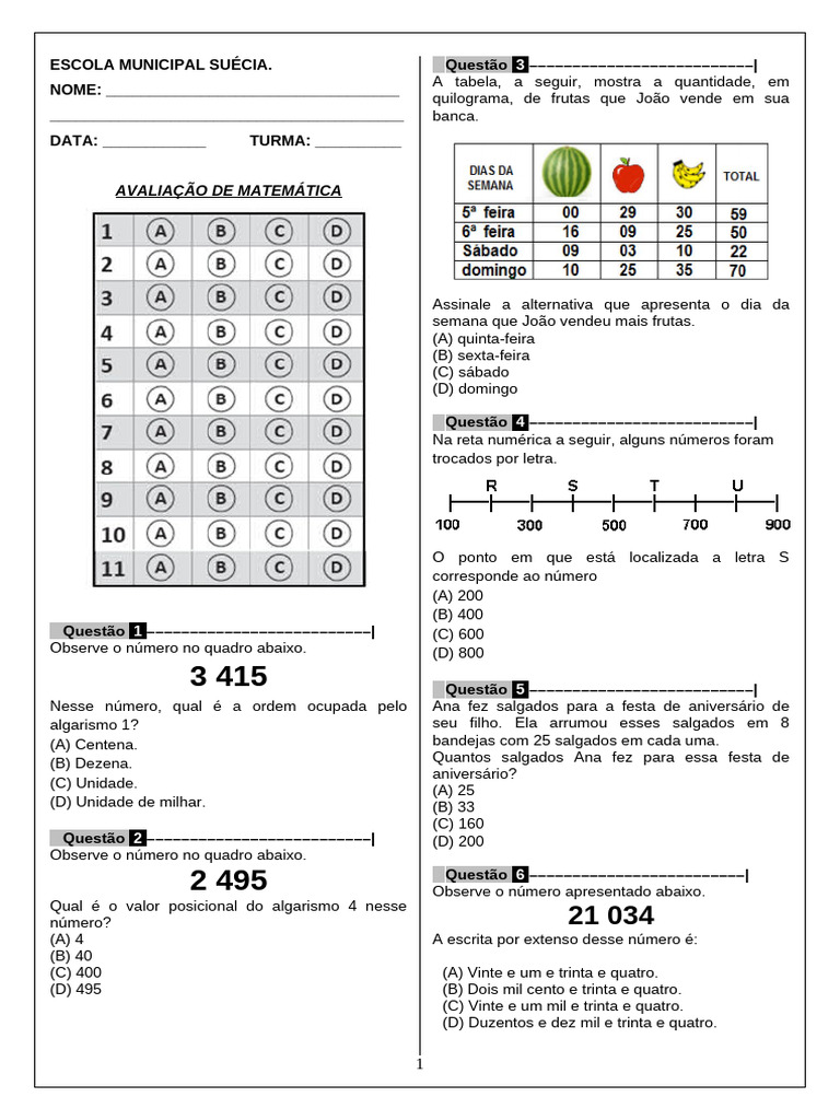 Avaliação de Matematica 5 Ano 2025 1 Bim | PDF | Matemática
