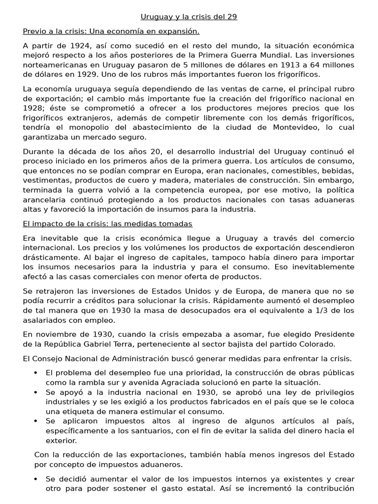 Impacto de la crisis del 29 en Uruguay | PDF | Uruguay | Gran depresion