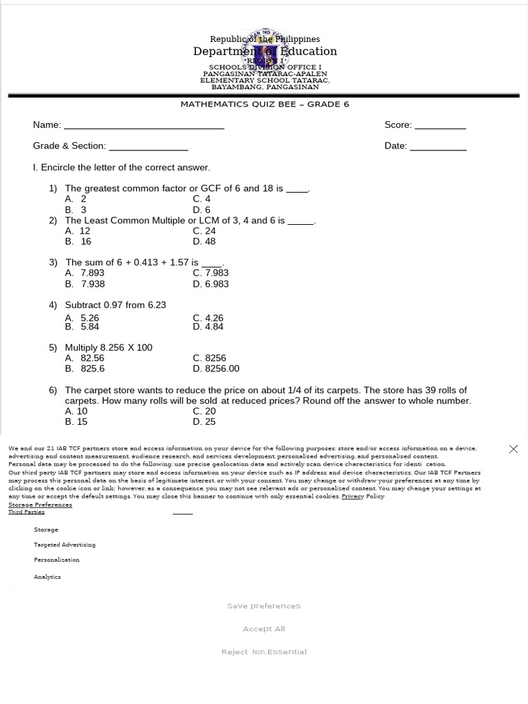 PDF Mathematics Quiz Bee Grade 6 | PDF | Http Cookie