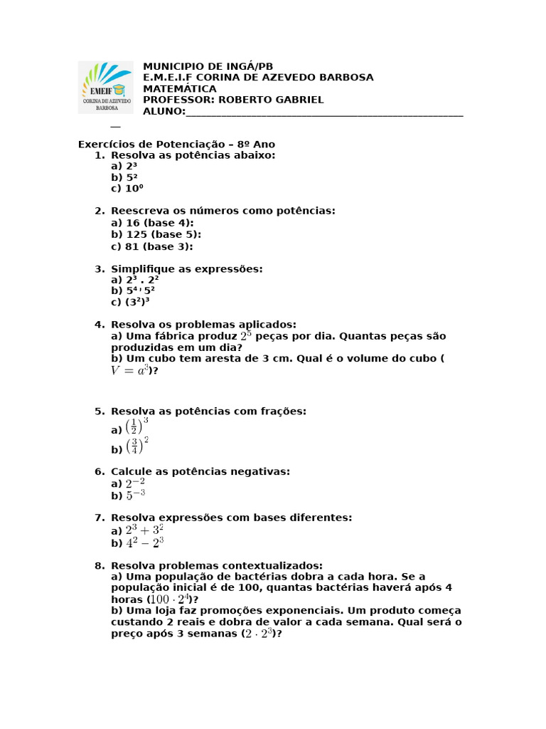 Exercícios de Potenciação - 8º Ano | PDF