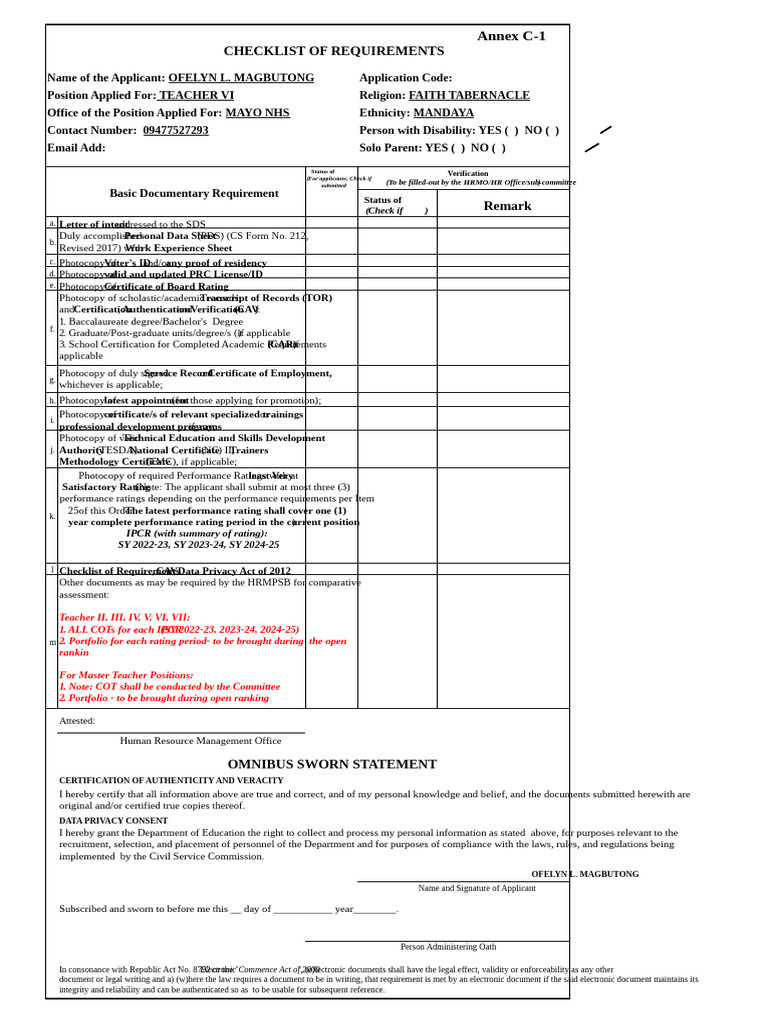 Teacher VI Application Requirements 2024 | PDF