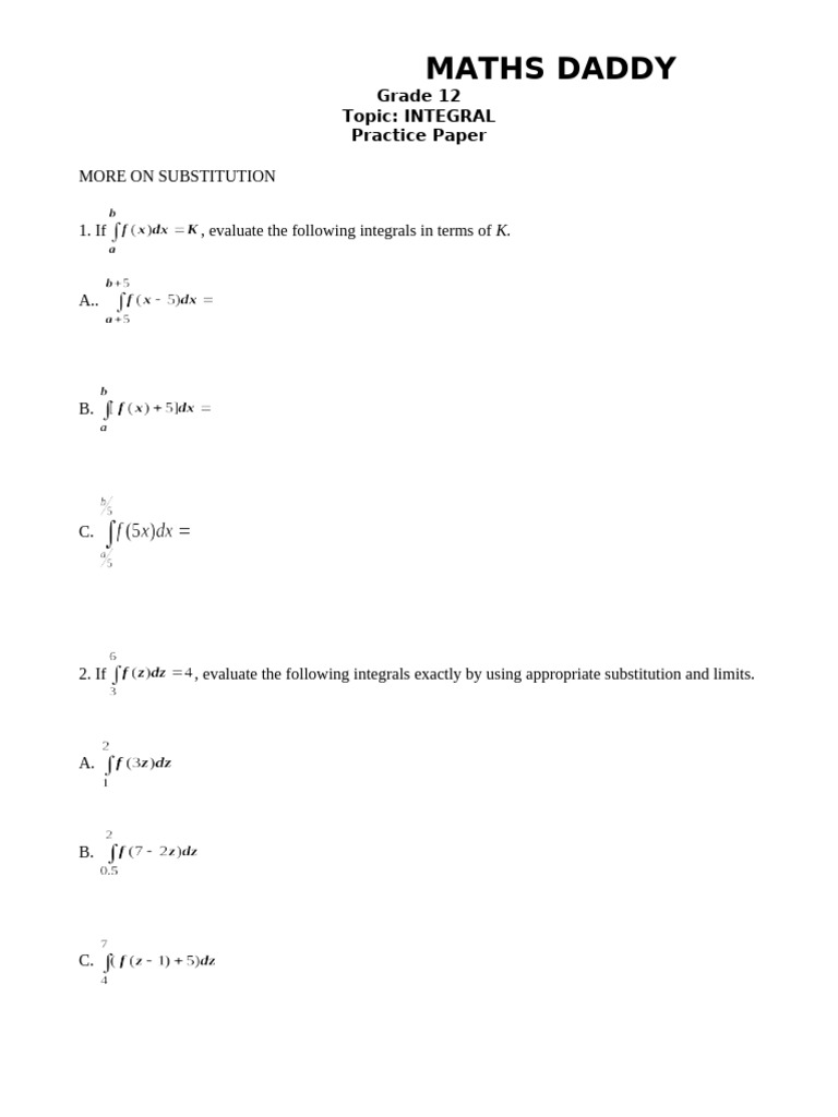 Integral Practice for Grade 12 Maths | PDF