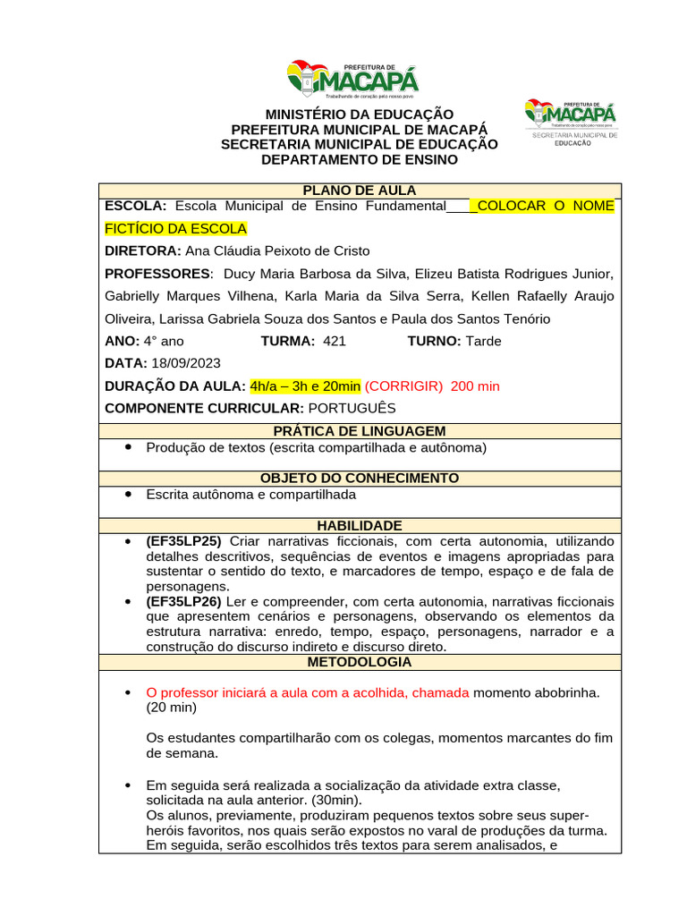 Plano de Aula: Produção de Textos 4º Ano | PDF | Narrativa | Lição