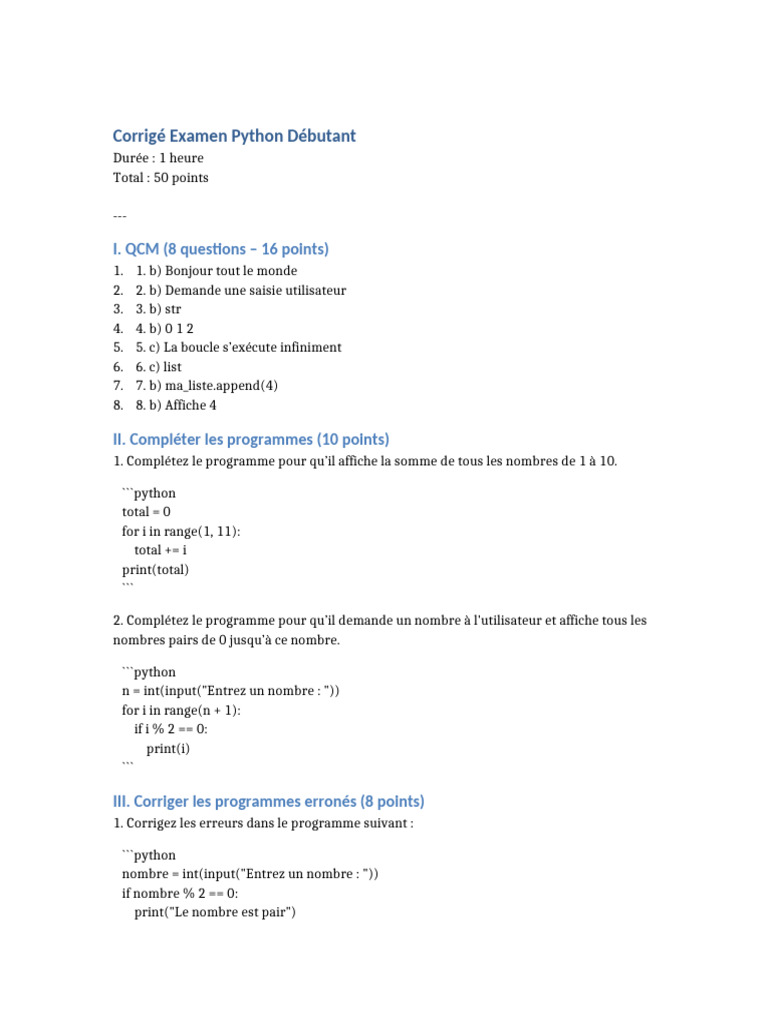Corrigé Examen Python Débutant | PDF