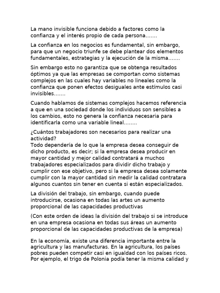 La Mano Invisible Funciona Debido A Factores Como La Confianza y El ...