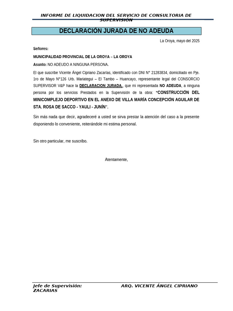 Declaración Jurada de No Adeudo 2025 | PDF