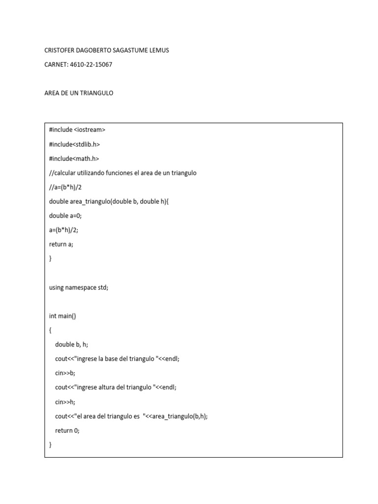 Código C++ para calcular área triángulo | PDF
