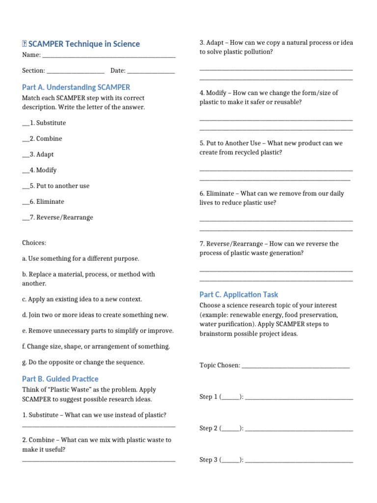 SCAMPER Worksheet for Science Projects | PDF | Plastic | Waste