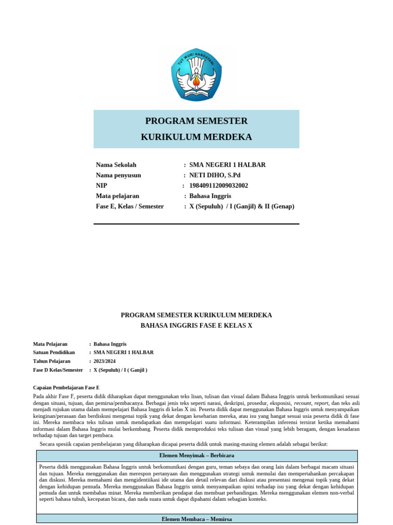 Program Semester Bahasa Inggris SMA | PDF