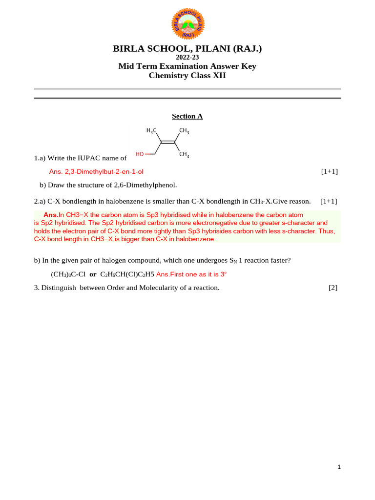Chemistry Class XII Mid Term Exam Key | PDF | Reaction Rate | Chemical ...